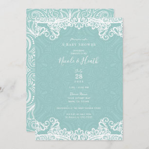 Elegant Teal Turquoise White Lace Baby Shower   Invitation