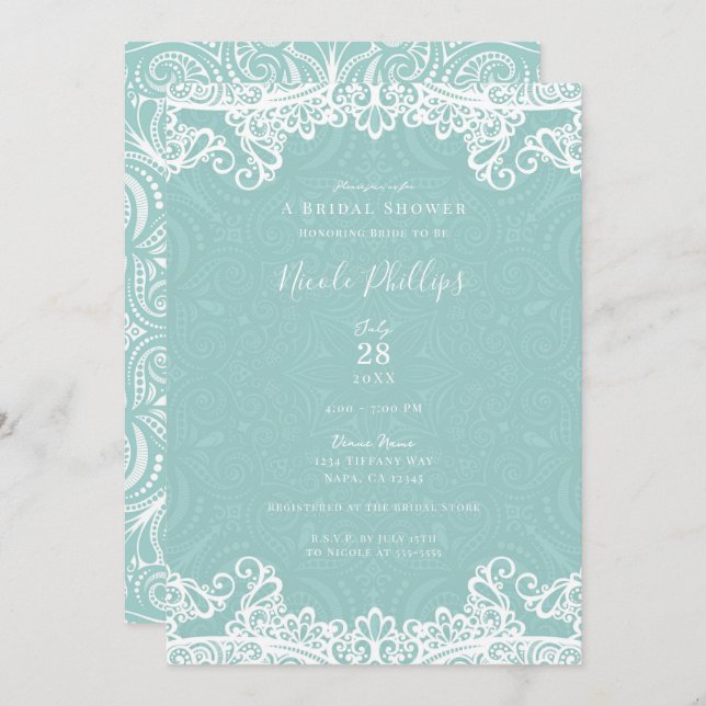 Elegant Teal Turquoise White Lace Bridal Shower   Invitation (Front/Back)