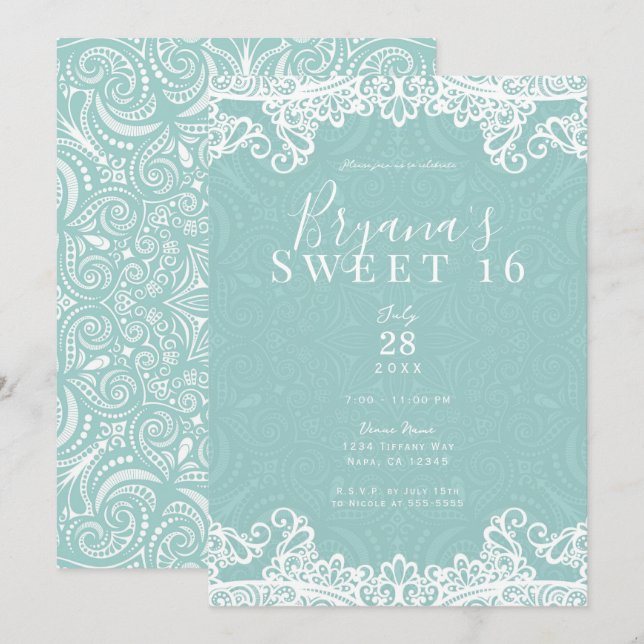 Elegant Teal Turquoise White Lace Sweet 16 Party  Invitation (Front/Back)