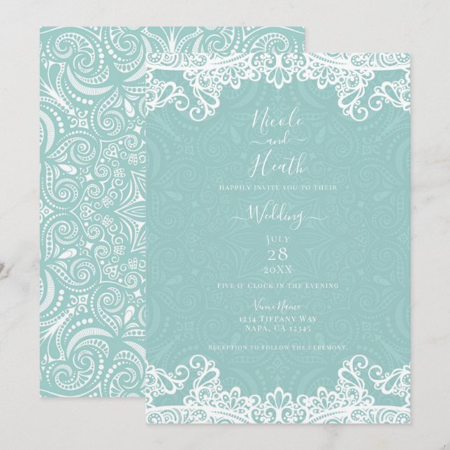 Elegant Teal Turquoise White Lace Wedding  Invitation (Front/Back)