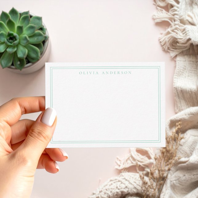 Elegant Teal Two Border Minimalist Monogram Name Note Card (Creator Uploaded)