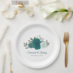 Elegant Teal Watercolor Boho Chic Roses Wedding Paper Plates