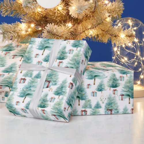 Elegant Teal Watercolor Christmas Trees with Gifts Wrapping Paper