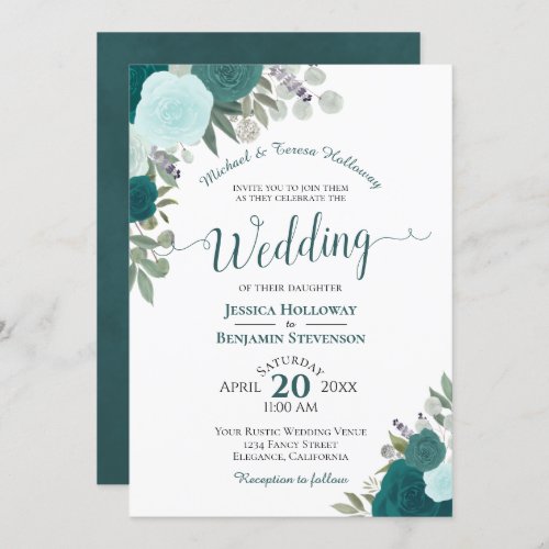 Elegant Teal Watercolor Floral Formal Wedding Invitation