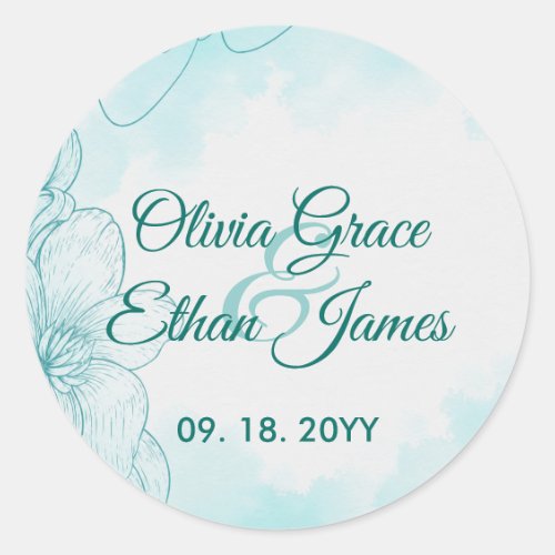 Elegant Teal Watercolor Floral Wedding Invitation Classic Round Sticker