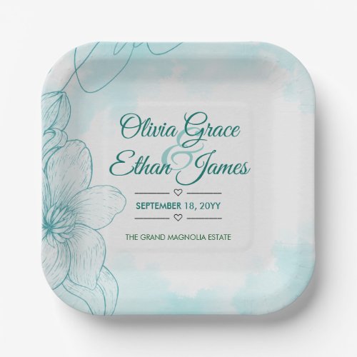 Elegant Teal Watercolor Floral Wedding Invitation  Paper Plates