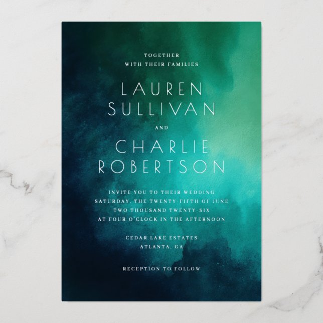 Elegant Teal Watercolor Gradient Foil Invitation (Front)