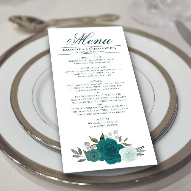 Elegant Teal Watercolor Roses Boho Chic Wedding Menu (Creator Uploaded)