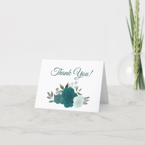 Elegant Teal Watercolor Roses Boho Wedding Photo Thank You Card