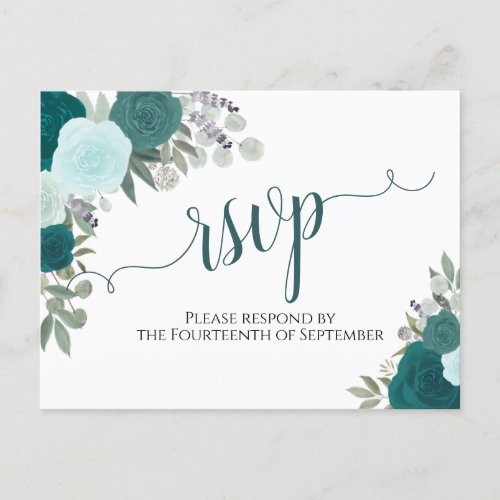 Elegant Teal Watercolor Roses Wedding RSVP Postcard