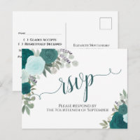 Elegant Teal Watercolor Roses Wedding RSVP