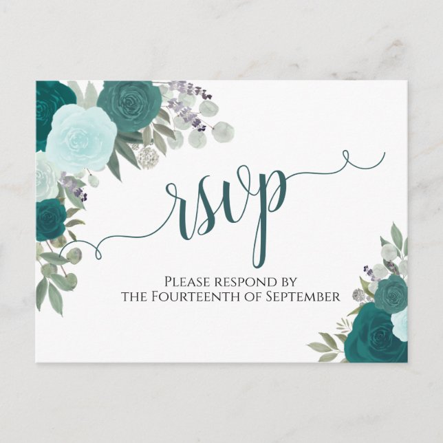 Elegant Teal Watercolor Roses Wedding RSVP Postcard (Front)