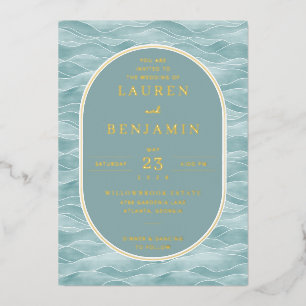 Elegant Teal Wave Motions Foil Invitation