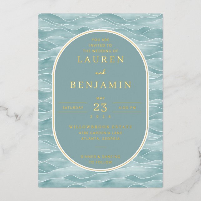 Elegant Teal Wave Motions Foil Invitation (Front)