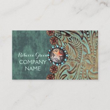 Elegant Teal Western Country Tooled Leather Business Card by businesscardsdepot at Zazzle