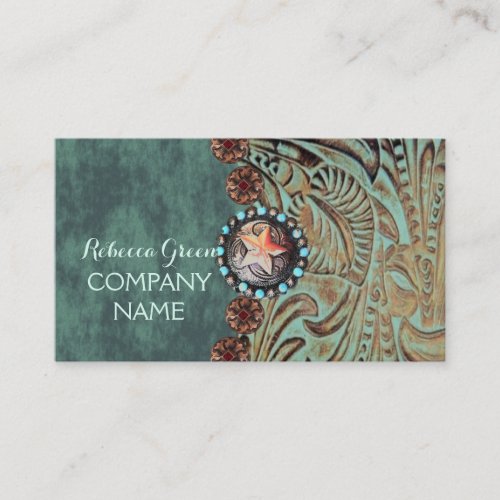 elegant teal western country tooled leather business card