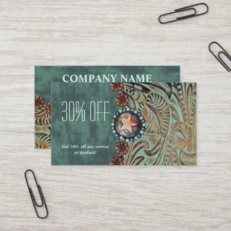 Elegant Teal Western Country Tooled Leather Business Card