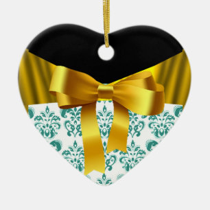 ELEGANT TEAL WHITE DAMASK GOLD RIBBON MONOGRAM CERAMIC ORNAMENT