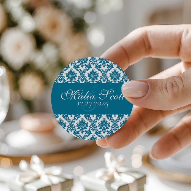 Elegant Teal White Damask Wedding Favor Classic Round Sticker (Creator Uploaded)