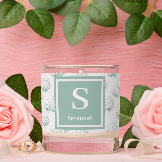 Elegant Teal White Hydrangea Monogram  Scented Candle (Wedding)