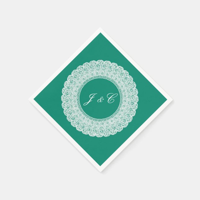 Elegant teal & white lace cocktail napkin (Corner)