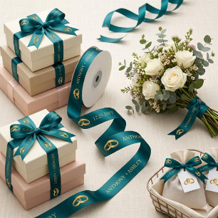 Elegant Teal white Personalized Name Satin Ribbon