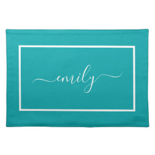 Elegant Teal White Script Name Cloth Placemat
