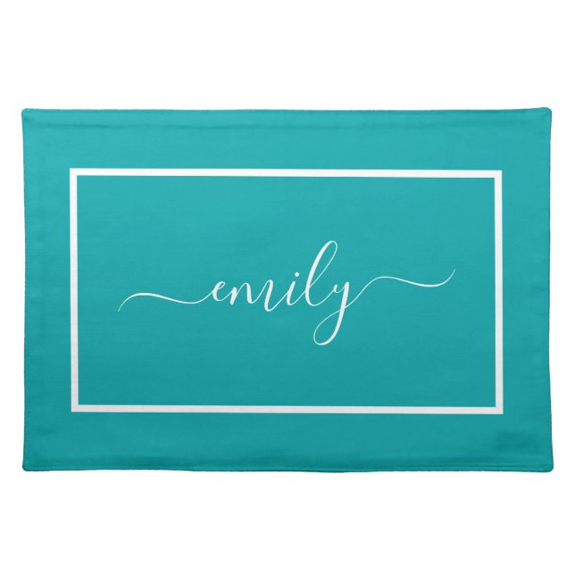 Elegant Teal White Script Name  Cloth Placemat (Front)