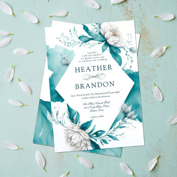 Elegant Teal White Watercolor Floral Peony Wedding Invitation by _LaFemme_ at Zazzle