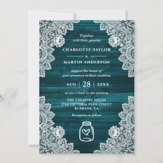 Elegant Teal Wood Floral Lace Mason Jar Wedding Invitation