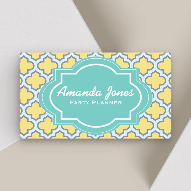 Elegant Teal Yellow Quatrefoil Party Planner Business Card (Creator Uploaded)