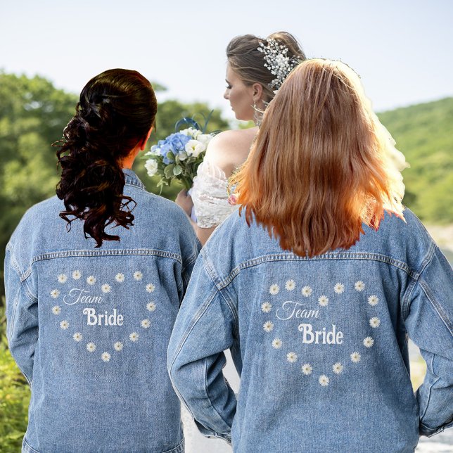 Elegant Team Bride Heart & Daisy Flowers Denim Jacket (Creator Uploaded)