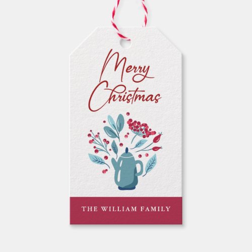 Elegant Teapot Bouquet Merry Christmas Personalize Gift Tags