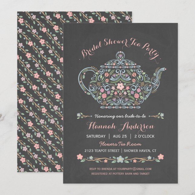 Elegant Teapot Bridal Shower Chalkboard Invitation (Front/Back)