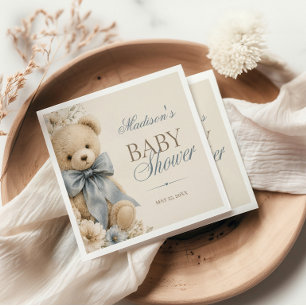 Elegant Teddy Bear Blue Bow Baby Shower Napkins