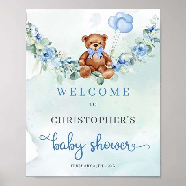 Elegant Teddy bear blue floral eucalyptus welcome Poster (Front)