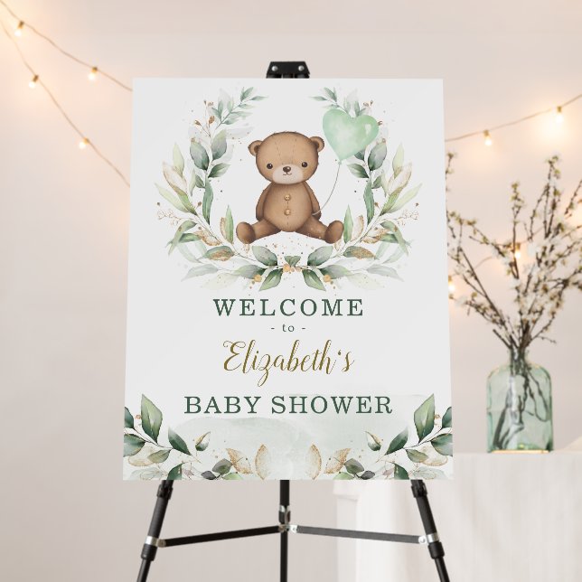 Elegant Teddy Bear Greenery Gold Baby Welcome Foam Board (In Situ (Stand))