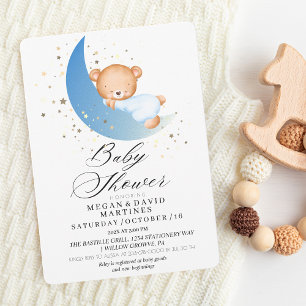 Elegant teddy bear moon gold stars Baby Shower Invitation