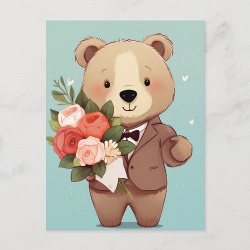 Elegant Teddy Bear with bouquet of flowers Postcard