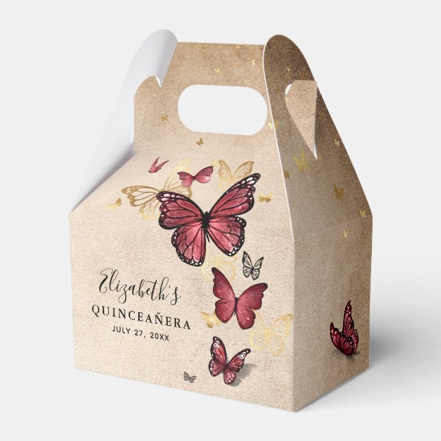 Elegant Template Gold and Burgundy Butterfly Favor Boxes (Front Side)