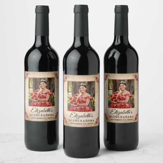 Elegant Template Red and Gold Quinceanera Photo Wine Label (Bottles)