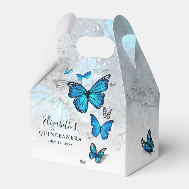 Elegant Template Silver and Blue Butterfly Favor Boxes (Front Side)