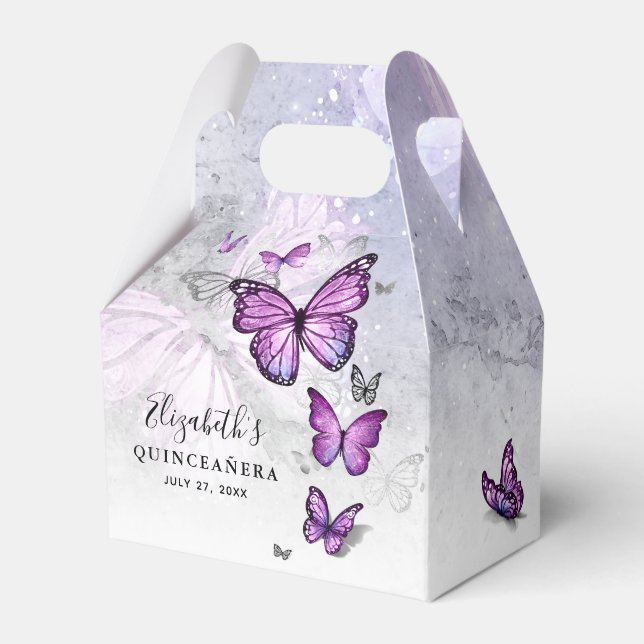 Elegant Template Silver and Purple Butterfly Favor Boxes (Front Side)