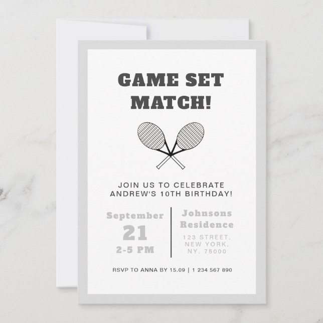 Elegant Tennis Theme Kids Boys Birthday Party Gray Invitation (Front)