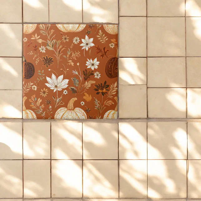 Elegant Terra Cota Pumpkin Autumn Floral Pattern Ceramic Tile | Zazzle
