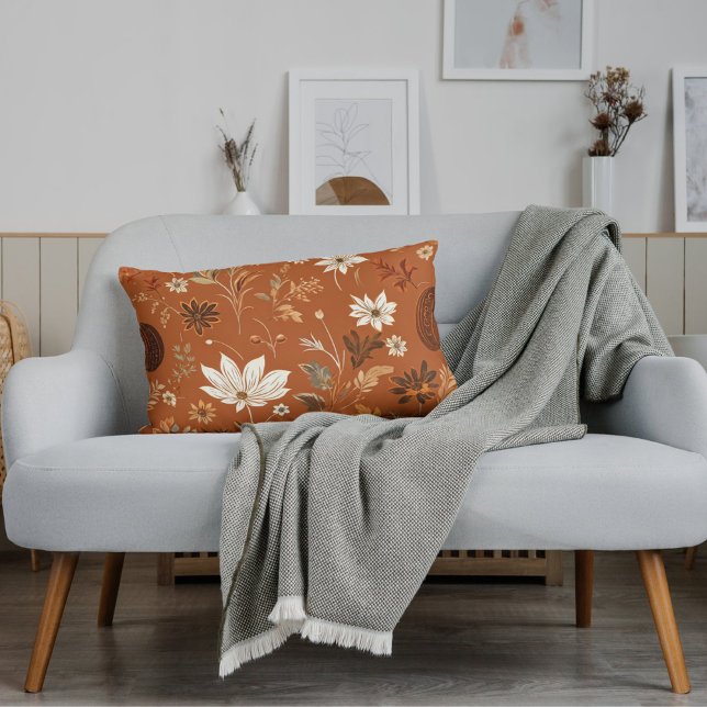 Elegant Terra Cota Pumpkin Autumn Floral Pattern  Lumbar Pillow (Creator Uploaded)