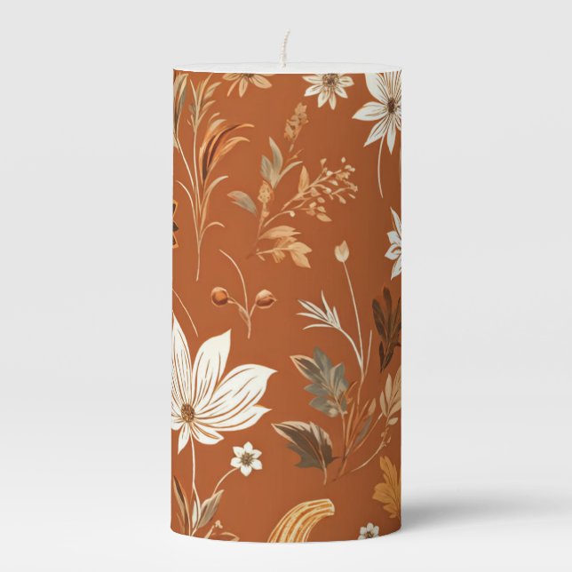 Elegant Terra Cota Pumpkin Autumn Floral Pattern  Pillar Candle (Front)