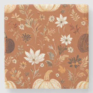 Elegant Terra Cota Pumpkin Autumn Floral Pattern Stone Coaster