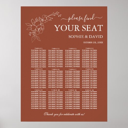 Elegant Terracotta 12 Table Seating Chart Wedding