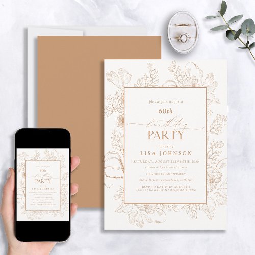 Elegant Terracotta 60th Birthday Floral Line Art Invitation